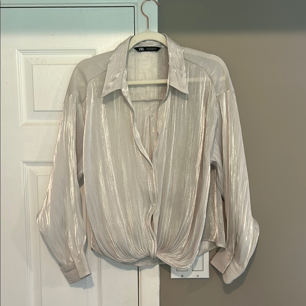 Zara Knotted Twisted Satin Effect V neckline | silver/cream